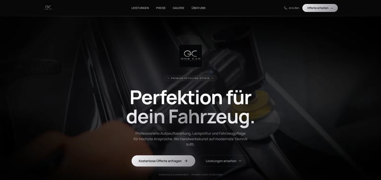Dark automotive website header with car interior close-up and German text Perfektion für dein Fahrzeug, featuring navigation menu and call-to-action buttons