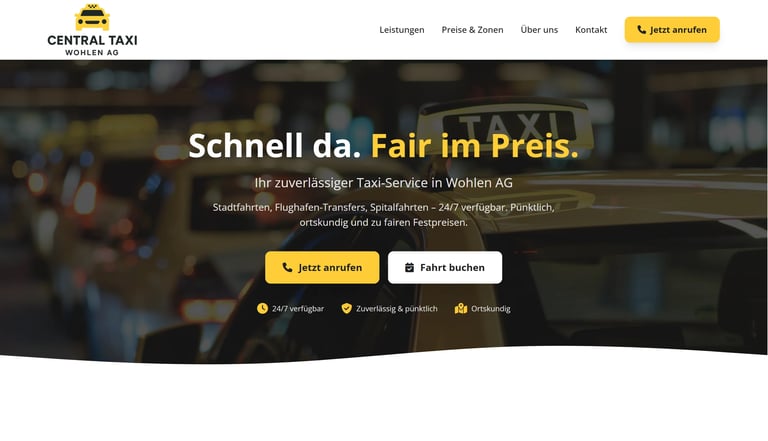 Central Taxi website header with yellow taxi logo, German headline Schnell da. Fair im Preis, and booking buttons