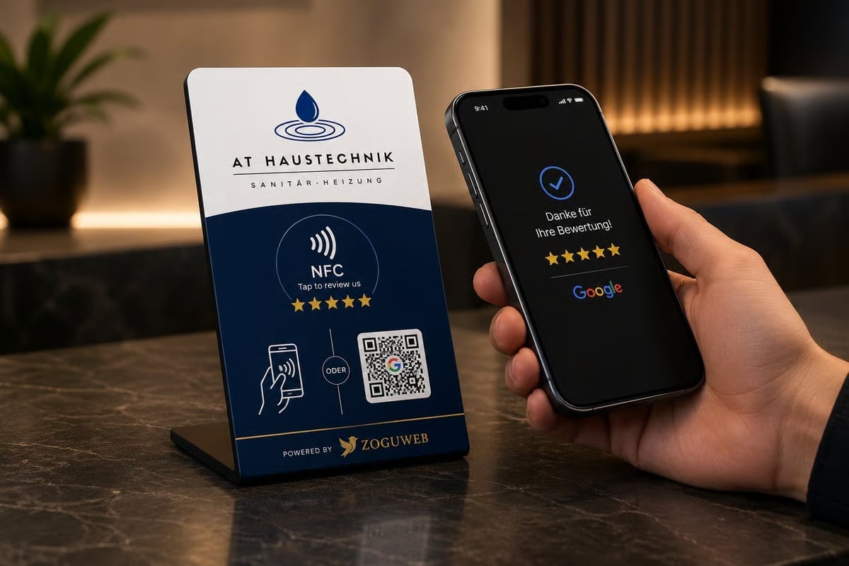 Person holding smartphone displaying five-star Google rating next to NFC payment card with AT Haustechnik logo on dark surface