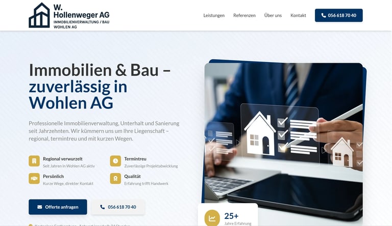 Website header for Mallwegger AG showing real estate services with professional hands holding miniature house models on a laptop screen