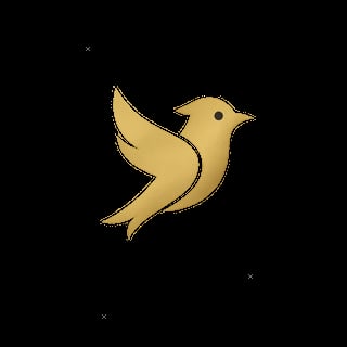 Golden stylized bird in flight with extended wings against a black background