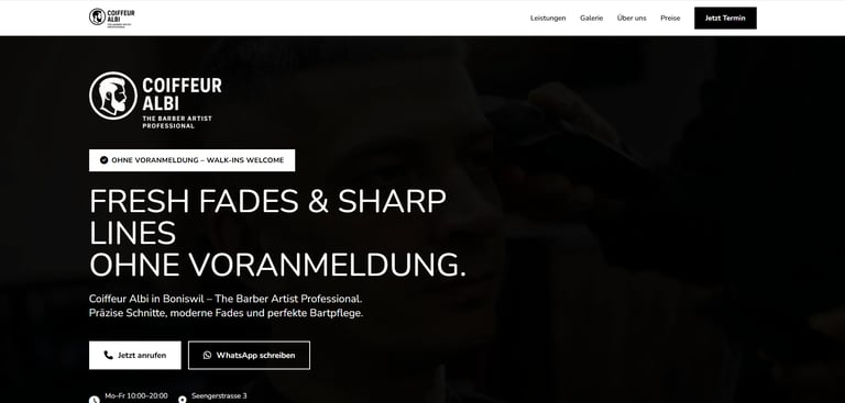 Coiffeur Albi barber shop website header with logo and tagline Fresh Fades & Sharp Lines