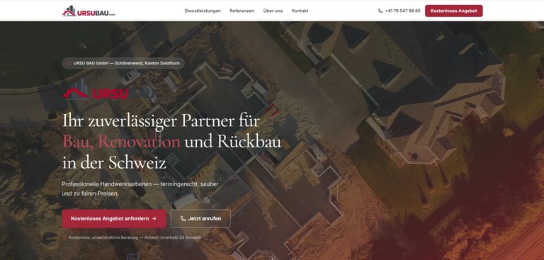 Aerial view of construction site with German text about building renovation and reconstruction services